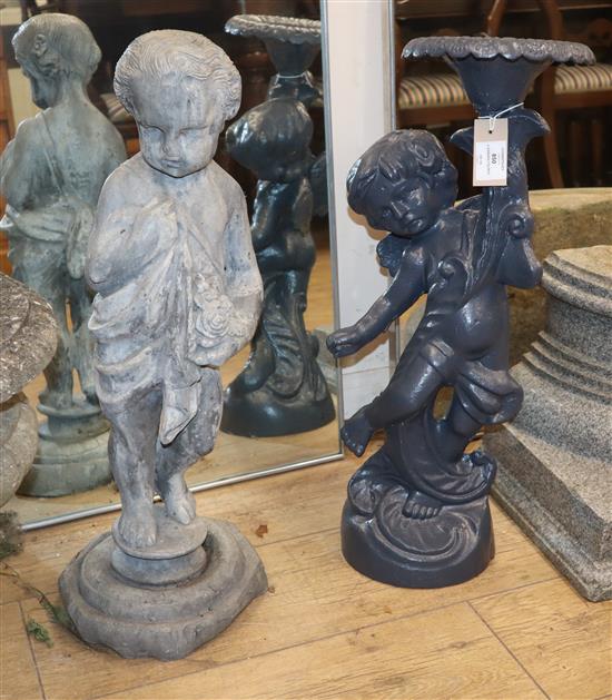 A cast iron putti bird bath and similar garden statue H.approx. 62cm